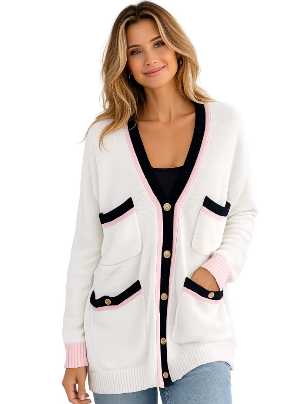 Kerri Rosenthal Lady Jacket Cardigan White Black Pink Trim Heart Cotton Knit SM